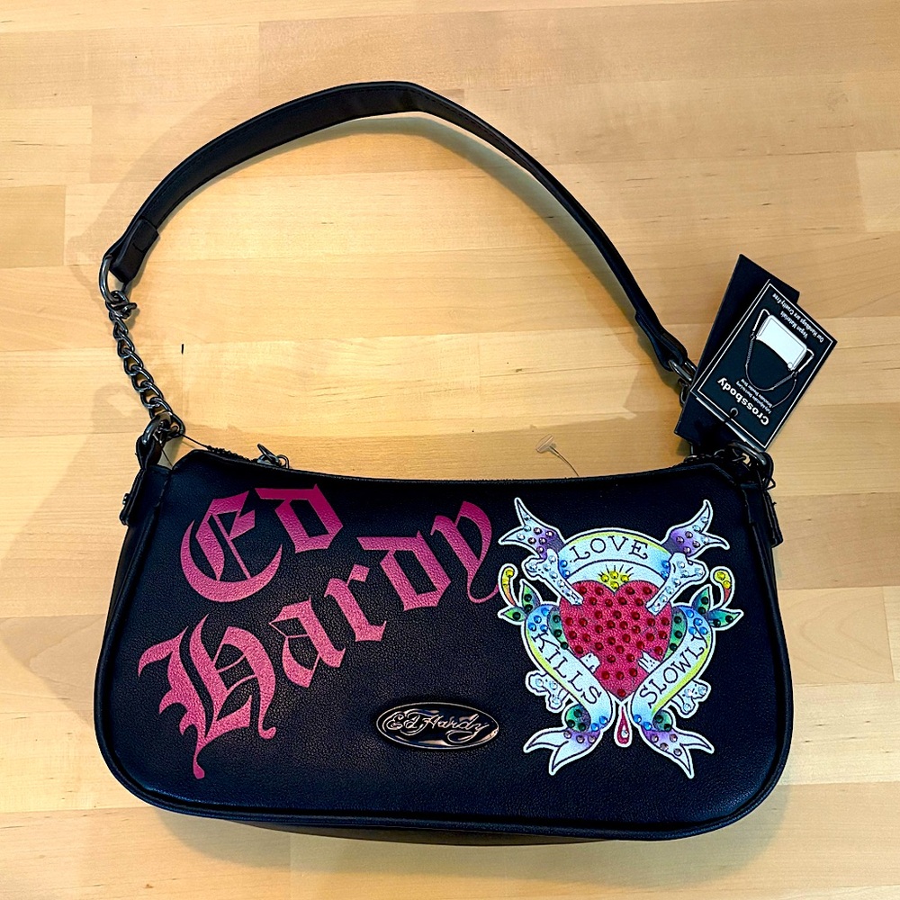 NWT Ed Hardy Purse Y2K Style Black Crescent Shoulder Bag Colorful Tattoo Leather